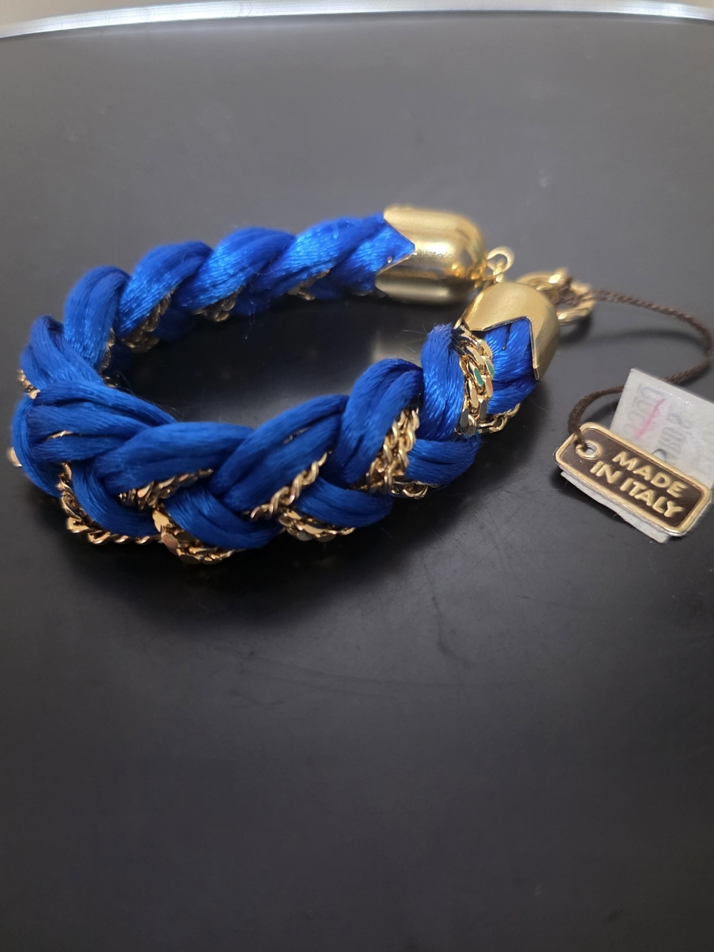 Vintage Italian Braided Cobalt Blue Silk Cord & Gold Tone Chain Bracelet NWT